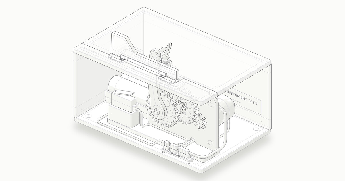 Isometric cutaway of a clear acrylic box: an arm has pushed a door in the lid open and is flipping a toggle switch back off.